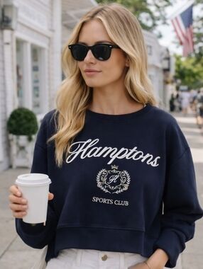 Lazy Sunday "Hamptons Sports Club" Embroidered Cropped Sweatshirt SZ M Navy Blue